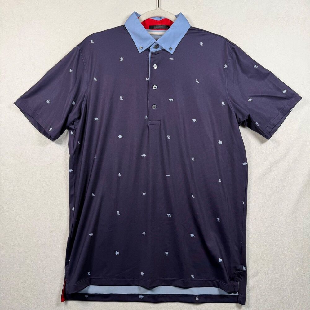 Greyson Polo Shirt Mens Medium Blue Animal Print Golf Performance Stretch Button